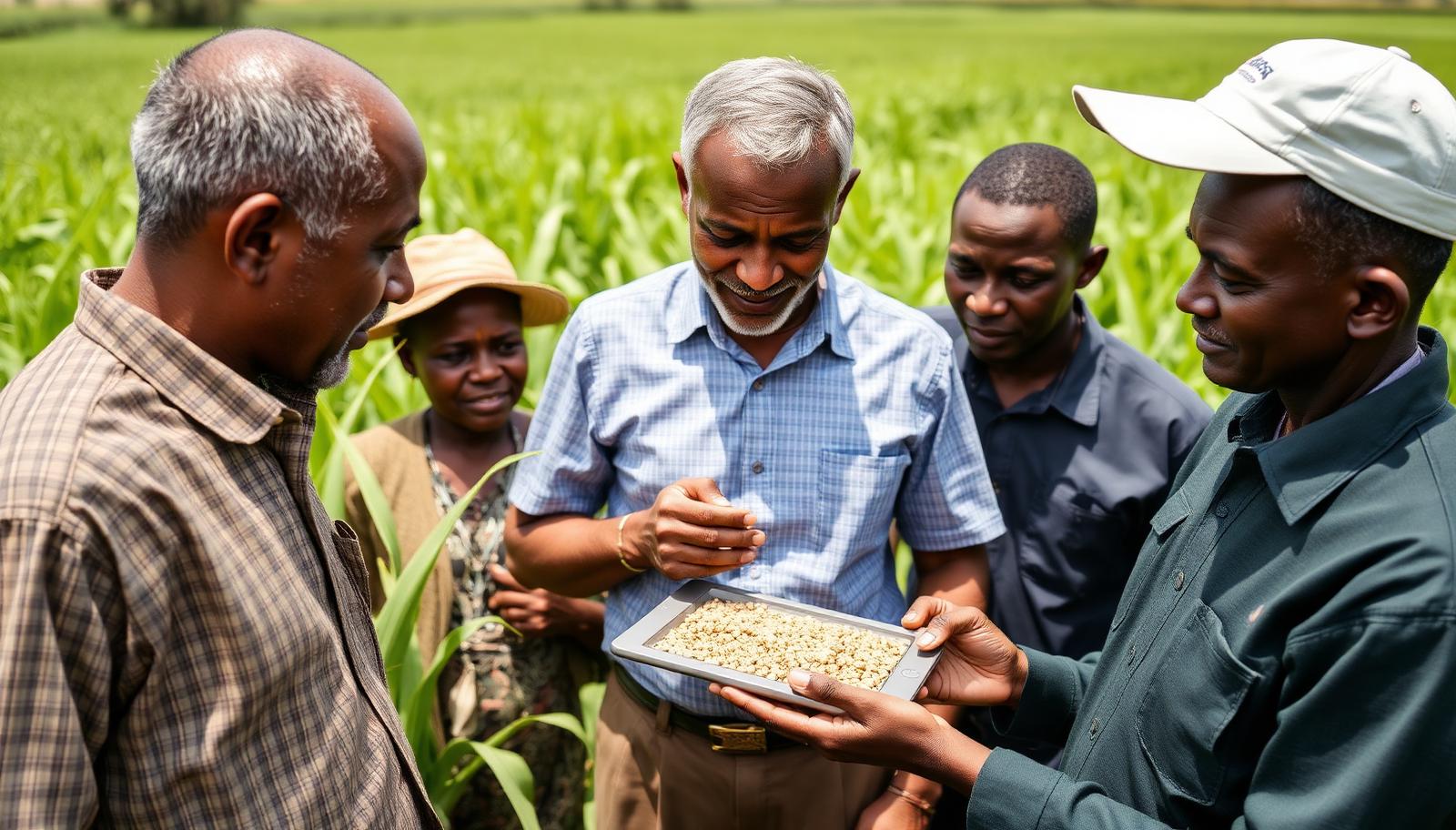 Agricultural researchers and farmers examining crop samples in a field