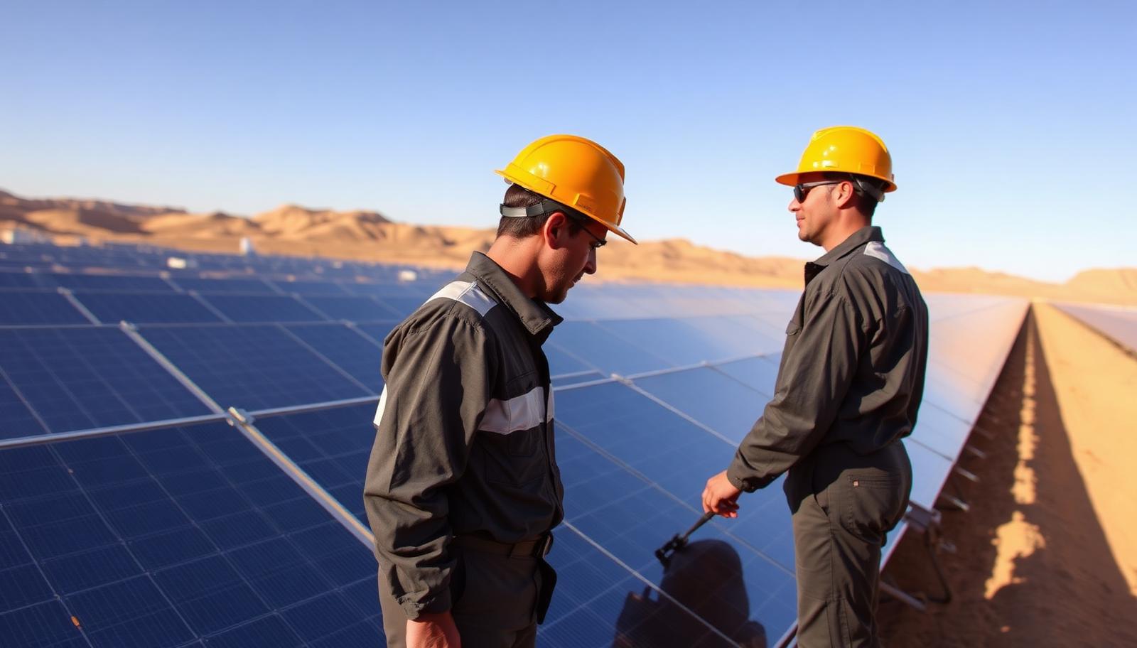 Engineers inspecting panels at a large solar power plant in North Africa
