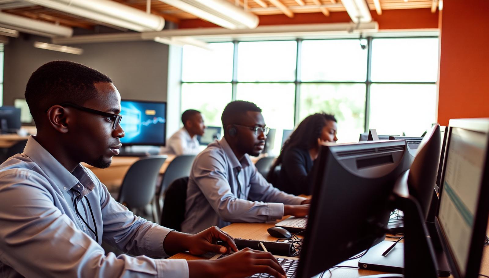 Engineers and data scientists working in an African technology hub