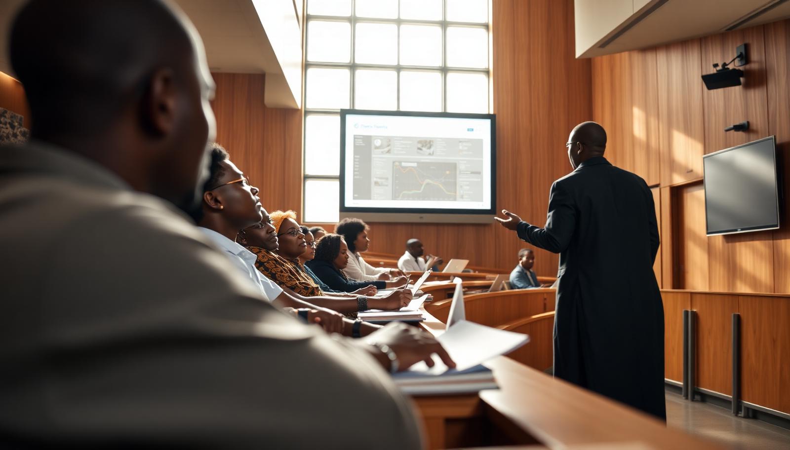 Graduate students and a professor in an African university lecture hall
