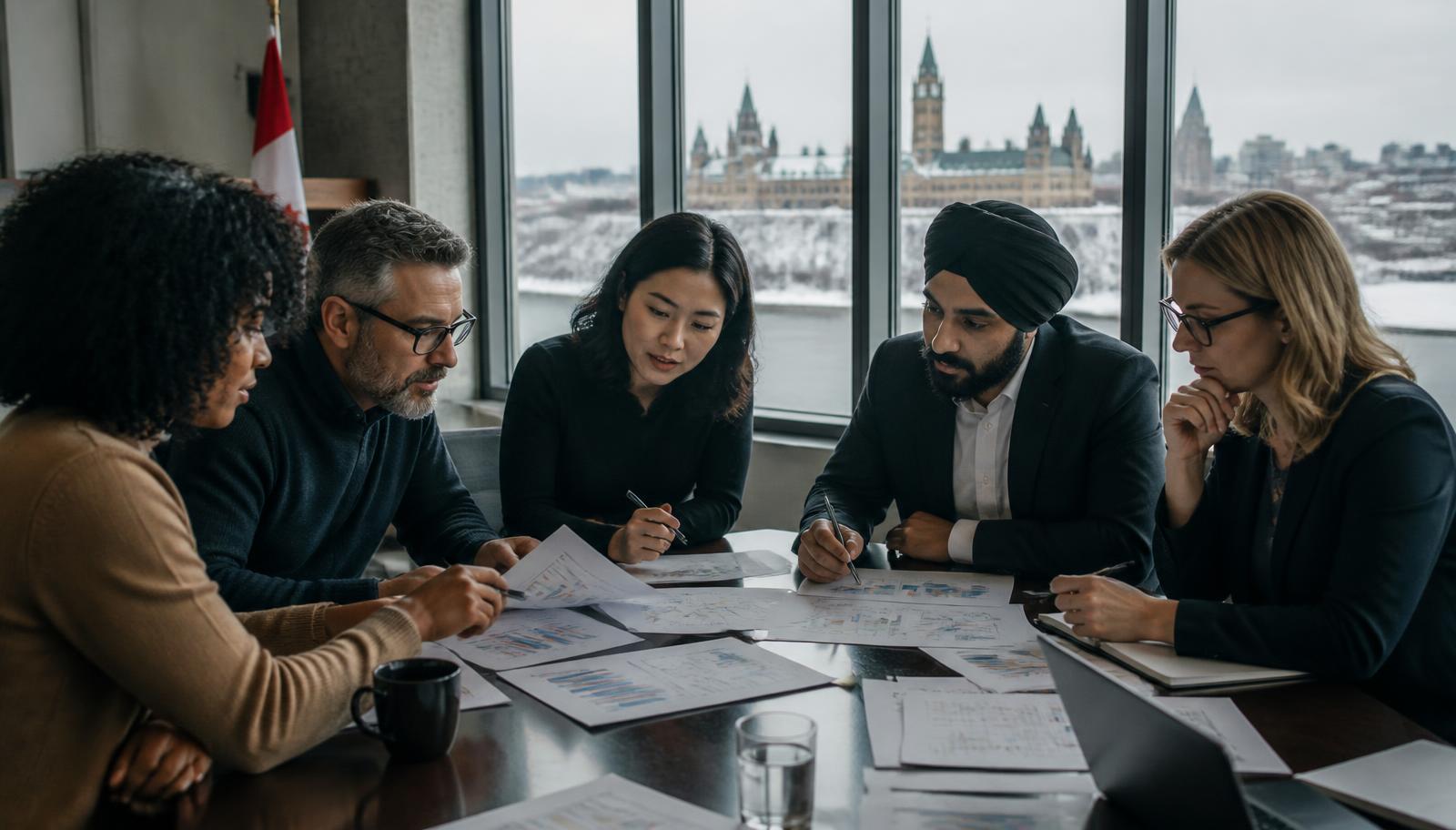 Policy analysts reviewing data in a meeting room in Ottawa