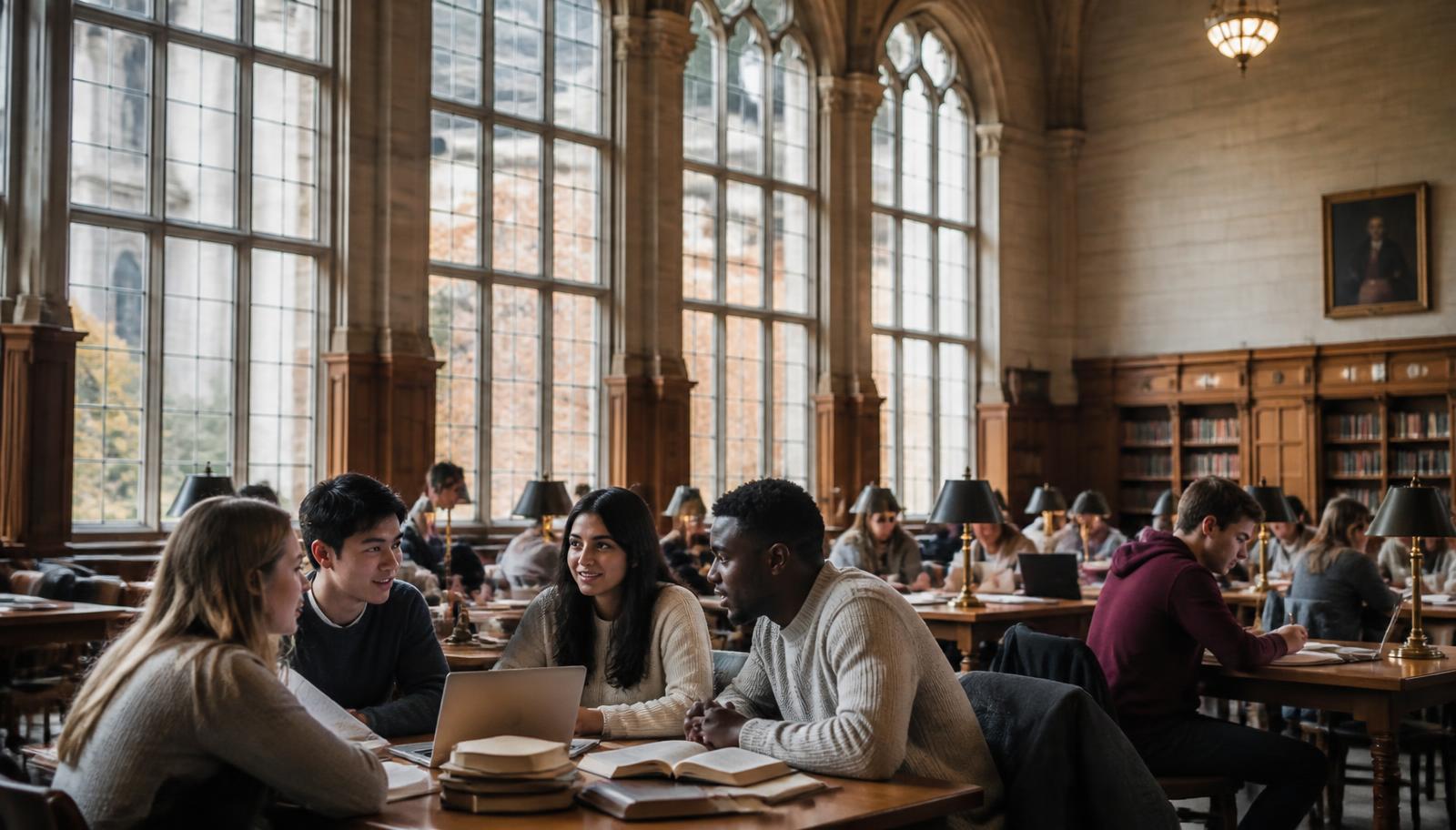 Students collaborating in a university library