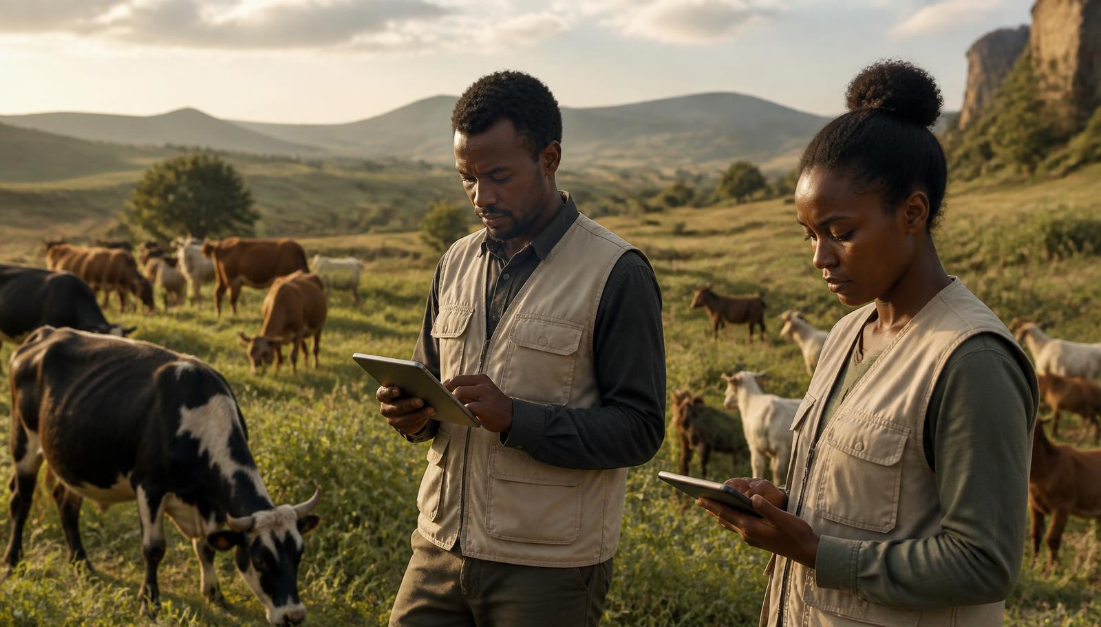 Agricultural researchers recording livestock data in the Ethiopian highlands