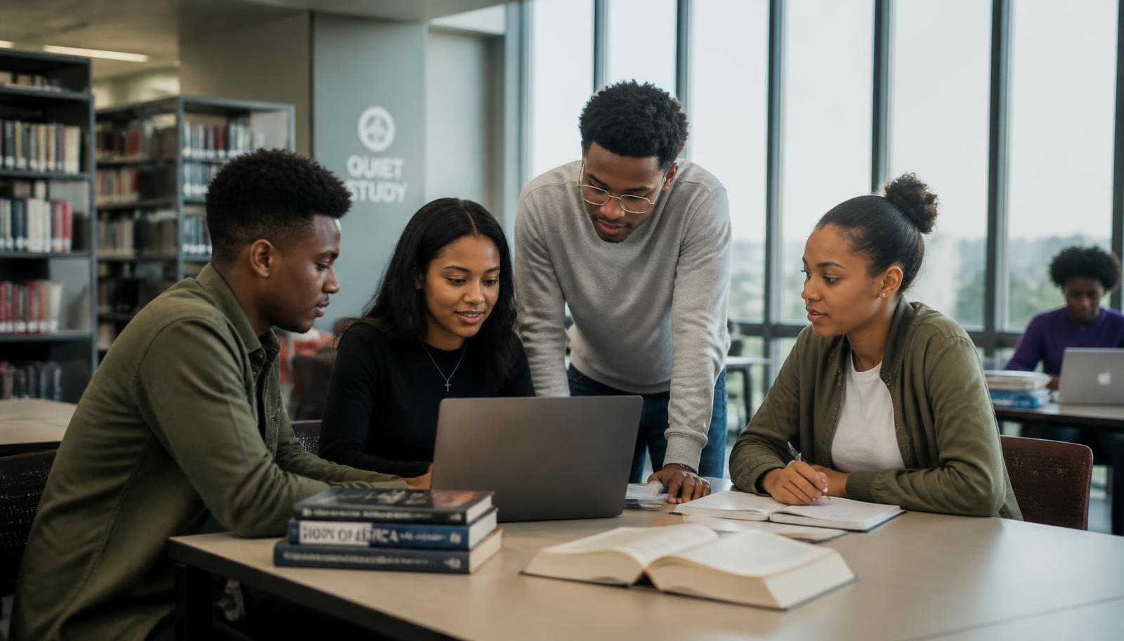 Ethiopian university students collaborating in a campus library